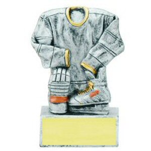 Pewter hockey jersey stand resin with gold highlights. 