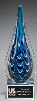 Blue and Black Teardrop Shaped Art Glass Award