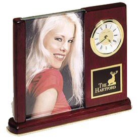 Rosewood Stained Piano Finish Desk Clock with Glass Picture Frame