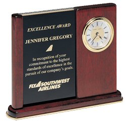 Rosewood Stained Piano Finish Desk Clock with Engraved Plate